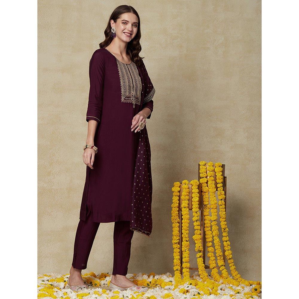 FASHOR Embroidered Zari Kurta with Pants & Dupatta - Wine (Set of 3)