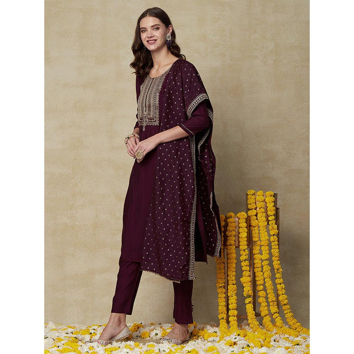 FASHOR Embroidered Zari Kurta with Pants & Dupatta - Wine (Set of 3)