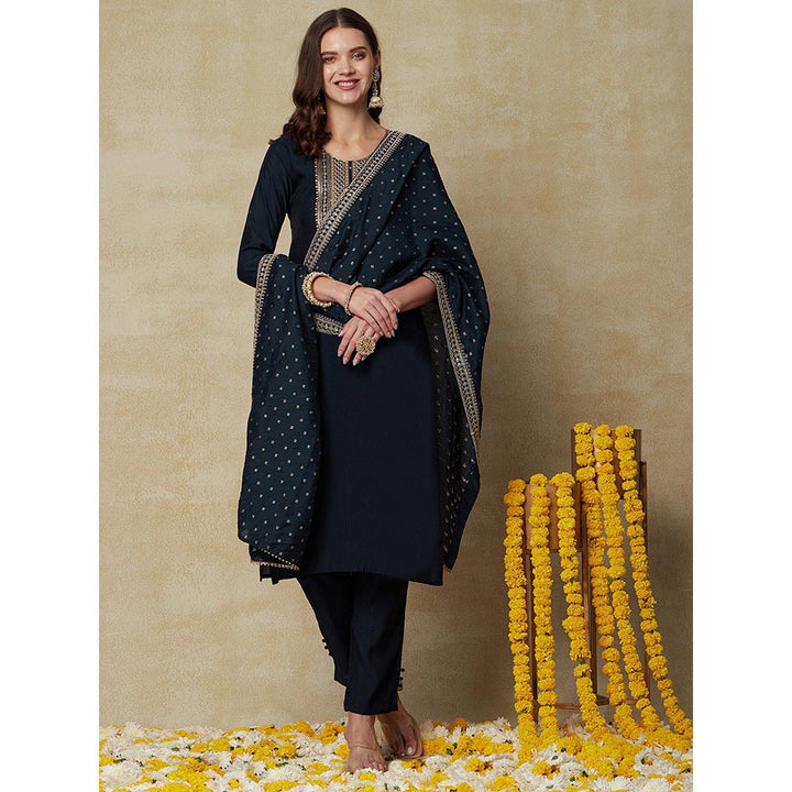 FASHOR Sequins Embroidered Kurta with Pants & Dupatta - Blue (Set of 3)