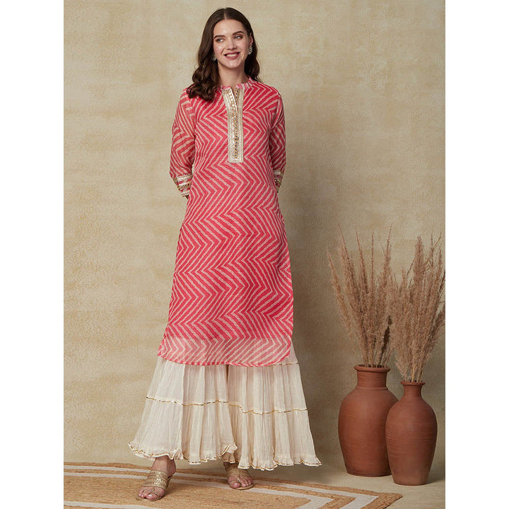 FASHOR Lehriya Printed Mirror & Zari Lace Embellished Kurta - Pink