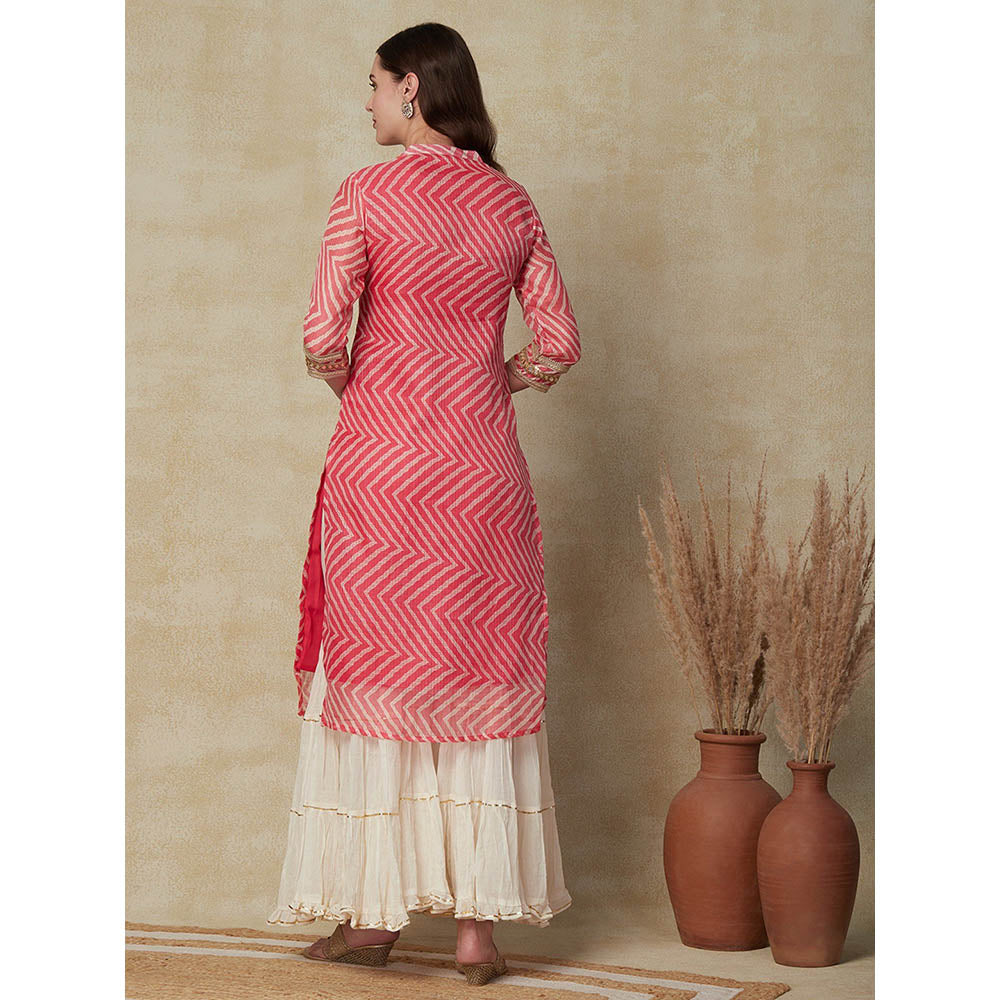 FASHOR Lehriya Printed Mirror & Zari Lace Embellished Kurta - Pink