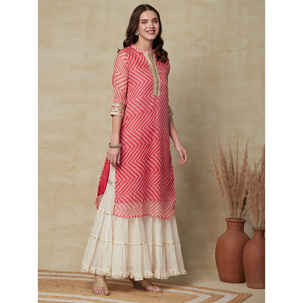 FASHOR Lehriya Printed Mirror & Zari Lace Embellished Kurta - Pink