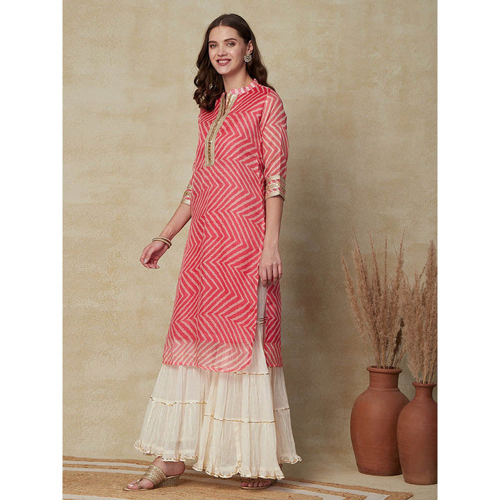 FASHOR Lehriya Printed Mirror & Zari Lace Embellished Kurta - Pink