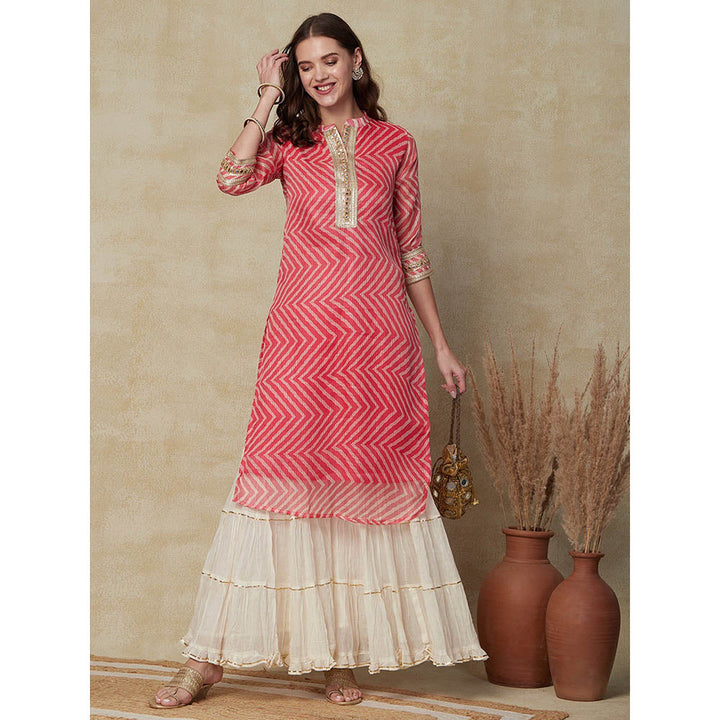 FASHOR Lehriya Printed Mirror & Zari Lace Embellished Kurta - Pink