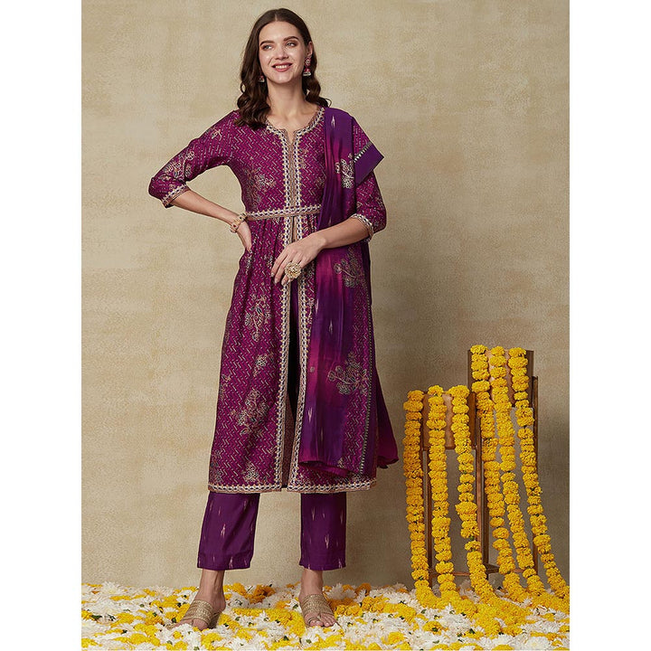 Fashor Lehriya Kurta With Pant, Dupatta & Waist Belt - Purple (Set of 4)