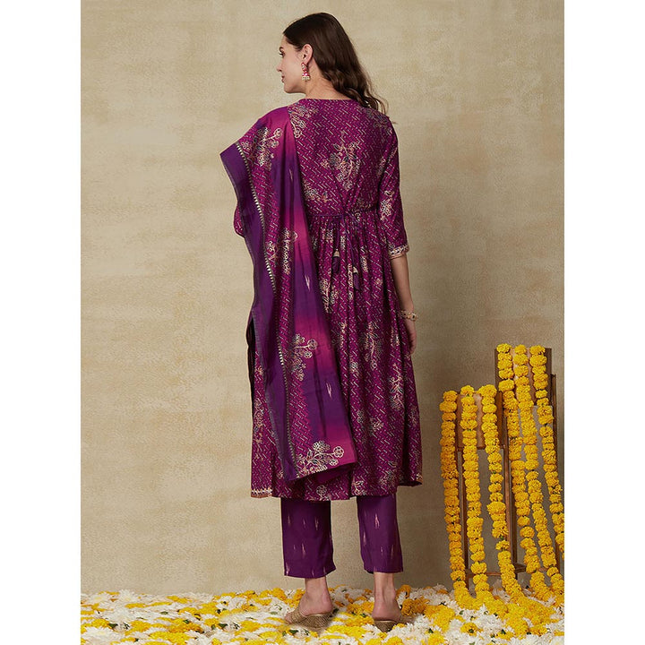 Fashor Lehriya Kurta With Pant, Dupatta & Waist Belt - Purple (Set of 4)