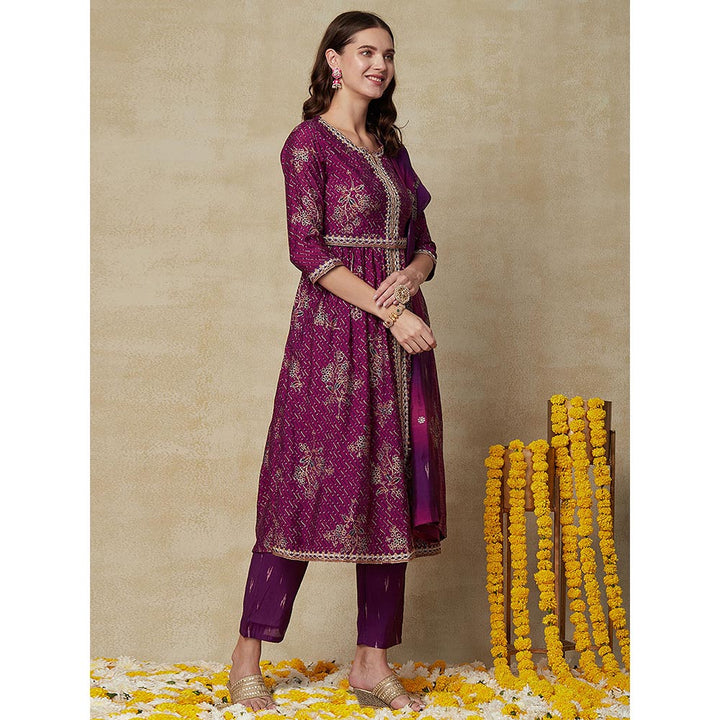 Fashor Lehriya Kurta With Pant, Dupatta & Waist Belt - Purple (Set of 4)