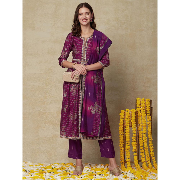 Fashor Lehriya Kurta With Pant, Dupatta & Waist Belt - Purple (Set of 4)