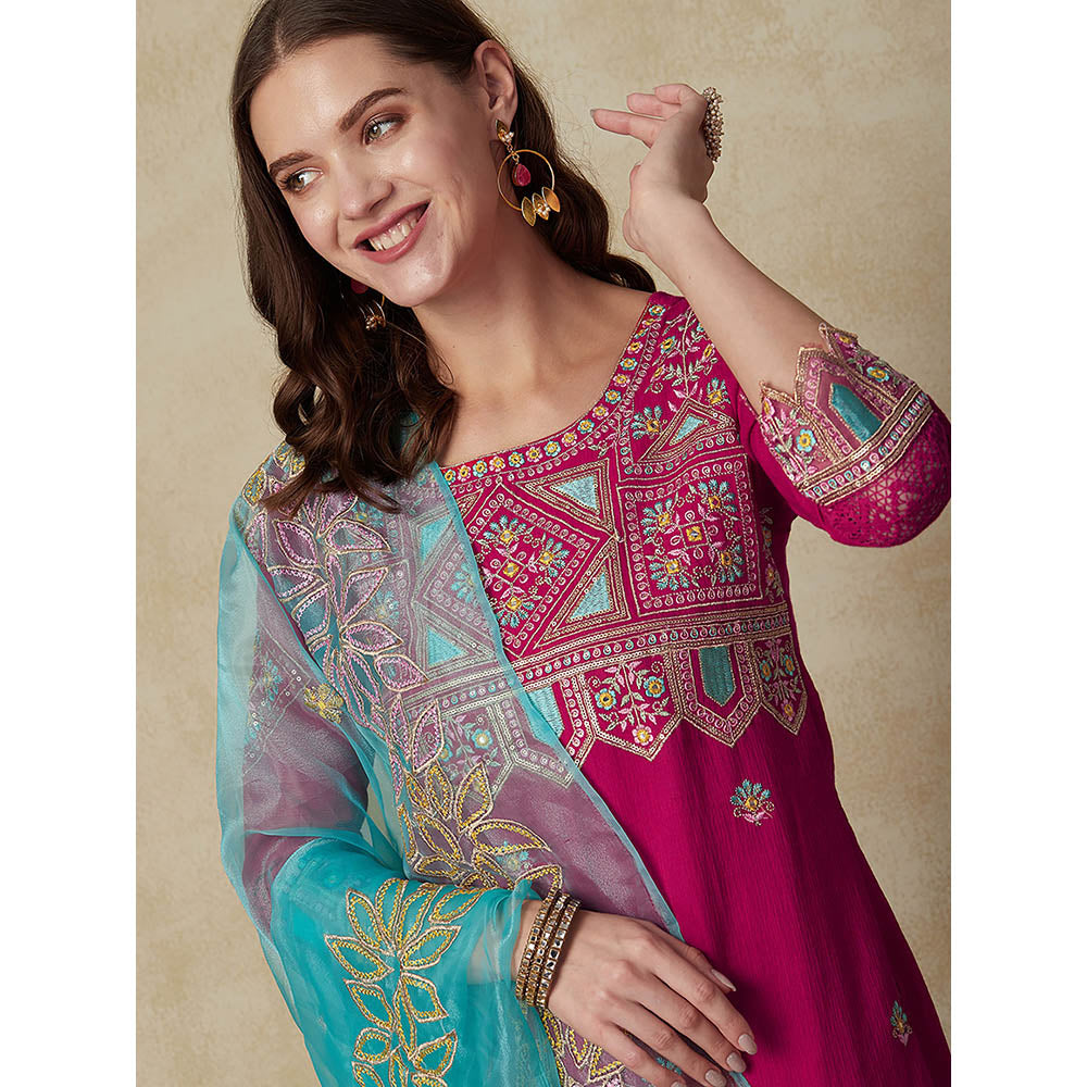 Fashor Resham Embroidered Kurta With Palazzo & Dupatta - Pink (Set of 3)