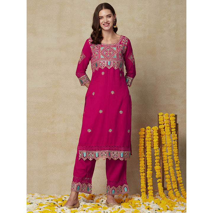 Fashor Resham Embroidered Kurta With Palazzo & Dupatta - Pink (Set of 3)