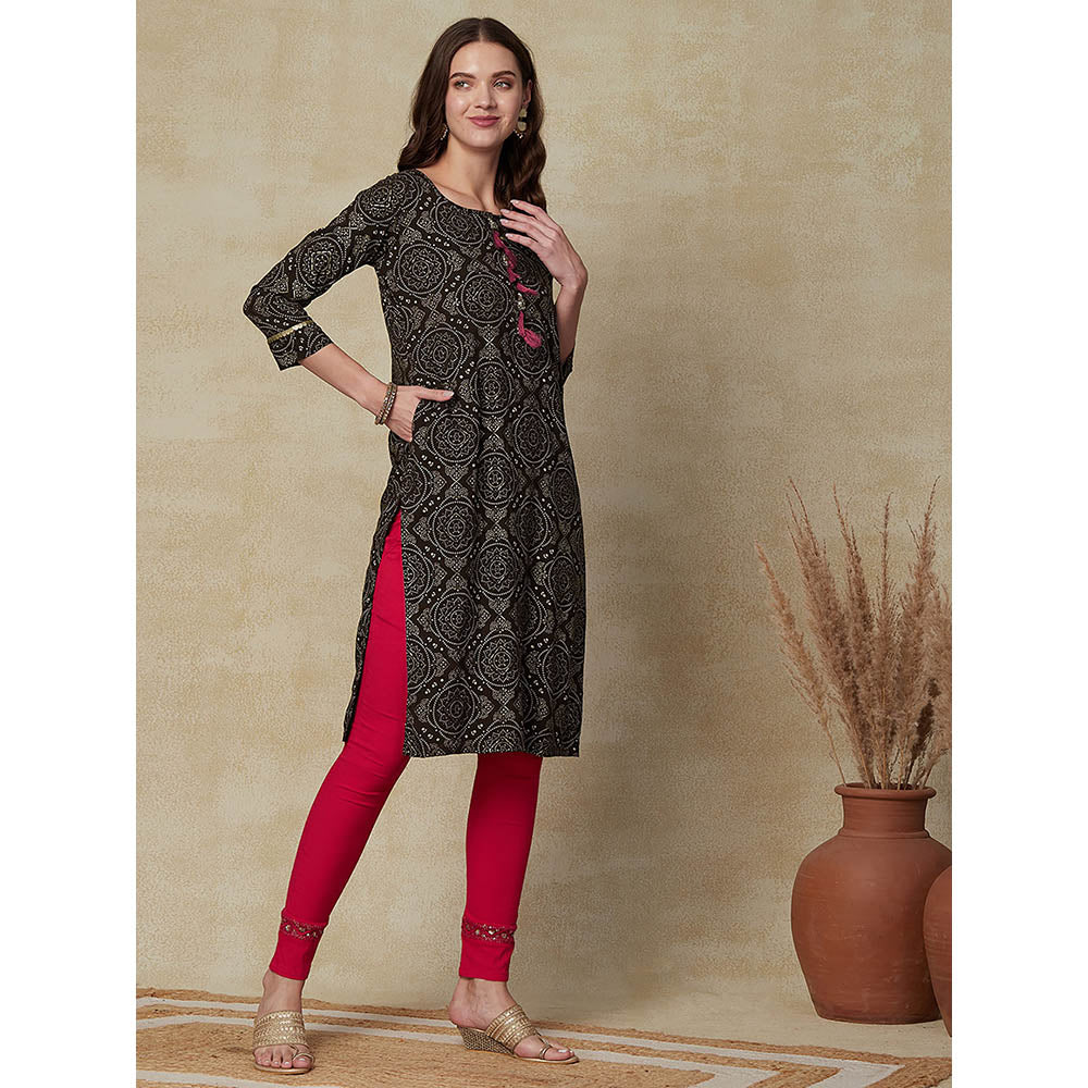 Fashor Printed Sequins Embroidered Tasseled Kurta - Brown