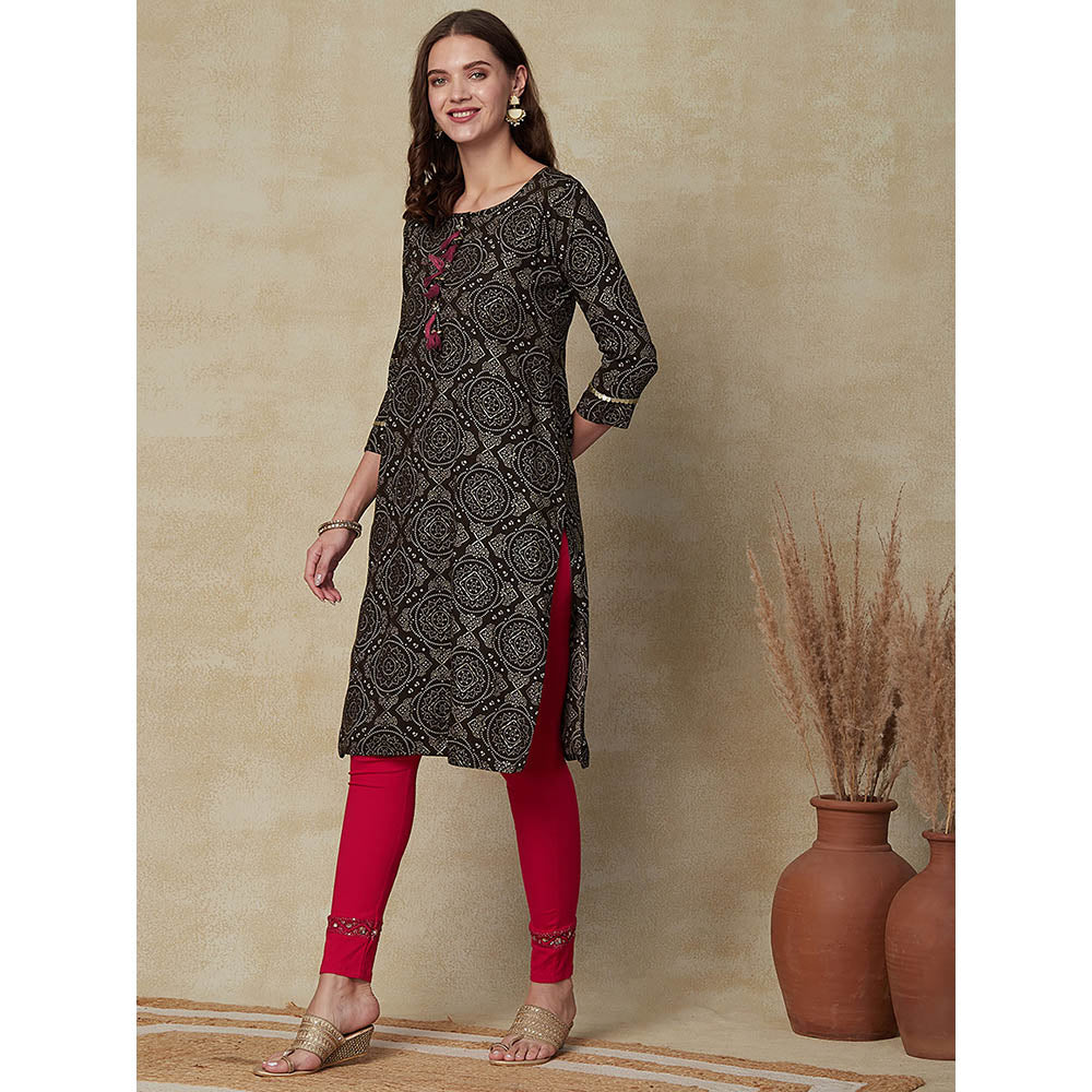 Fashor Printed Sequins Embroidered Tasseled Kurta - Brown