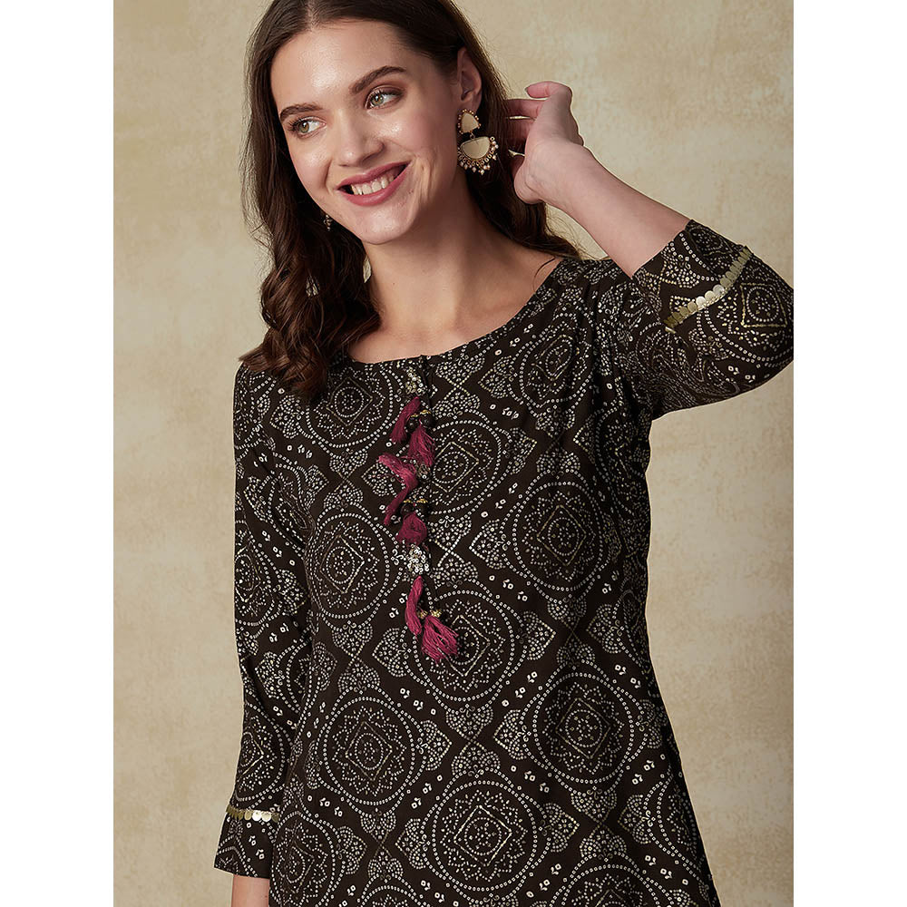 Fashor Printed Sequins Embroidered Tasseled Kurta - Brown