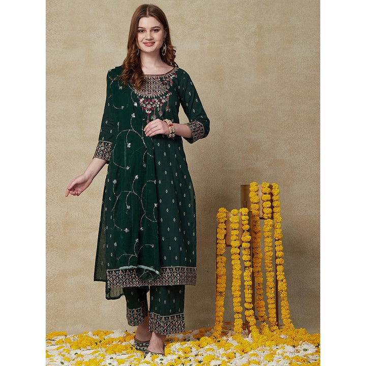 FASHOR Woven Jacquard Kurta with Palazzo & Dupatta - Green (Set of 3)