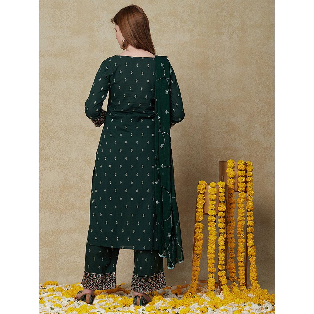 FASHOR Woven Jacquard Kurta with Palazzo & Dupatta - Green (Set of 3)