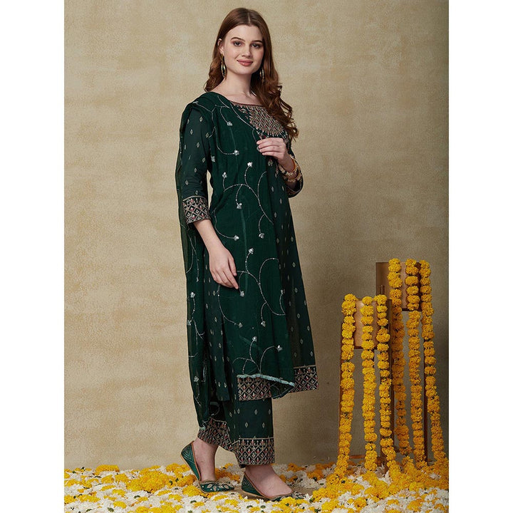 FASHOR Woven Jacquard Kurta with Palazzo & Dupatta - Green (Set of 3)