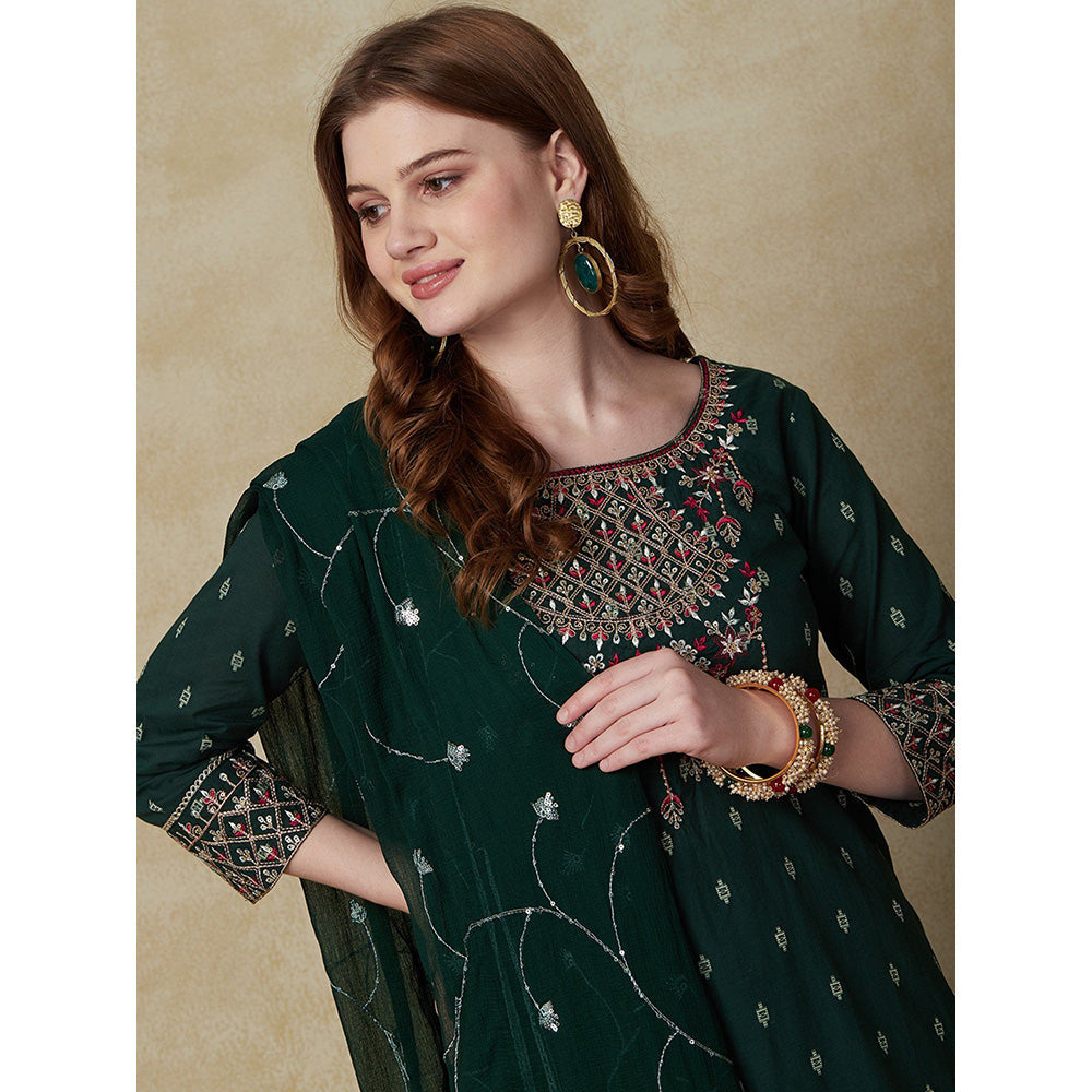 FASHOR Woven Jacquard Kurta with Palazzo & Dupatta - Green (Set of 3)