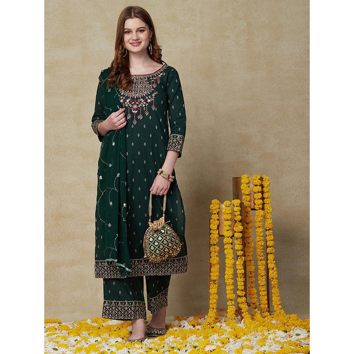 FASHOR Woven Jacquard Kurta with Palazzo & Dupatta - Green (Set of 3)