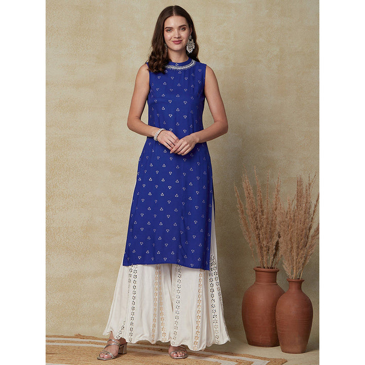 FASHOR Printed Zari Embroidered Kurta - Blue