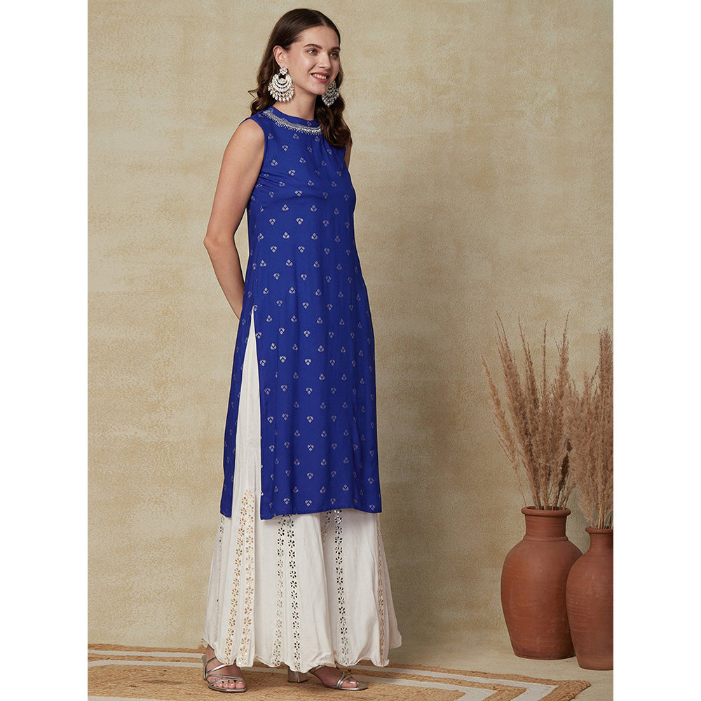 FASHOR Printed Zari Embroidered Kurta - Blue