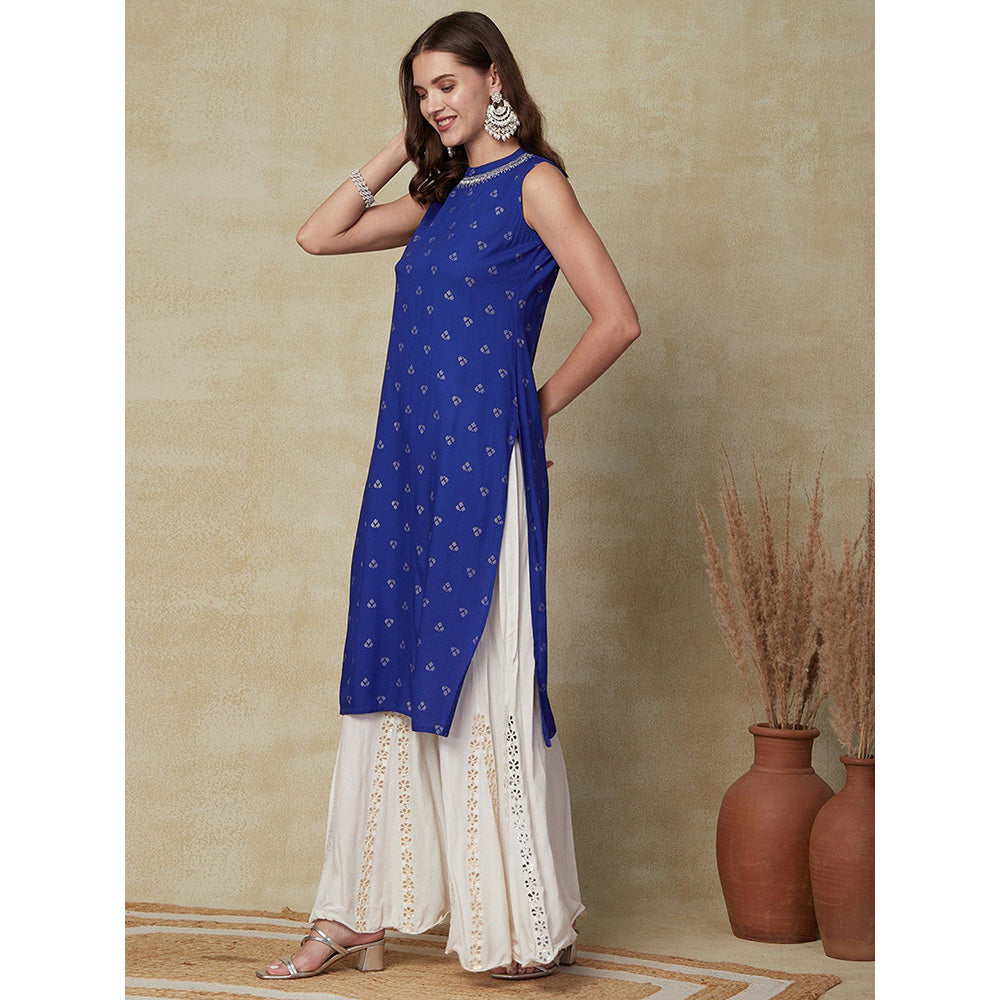 FASHOR Printed Zari Embroidered Kurta - Blue