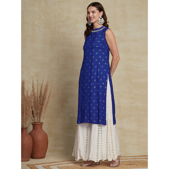 FASHOR Printed Zari Embroidered Kurta - Blue