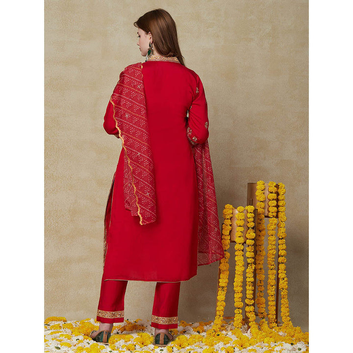 FASHOR Embroidered Kurta with Pants & Dupatta - Red (Set of 3)