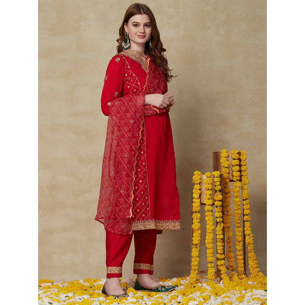 FASHOR Embroidered Kurta with Pants & Dupatta - Red (Set of 3)