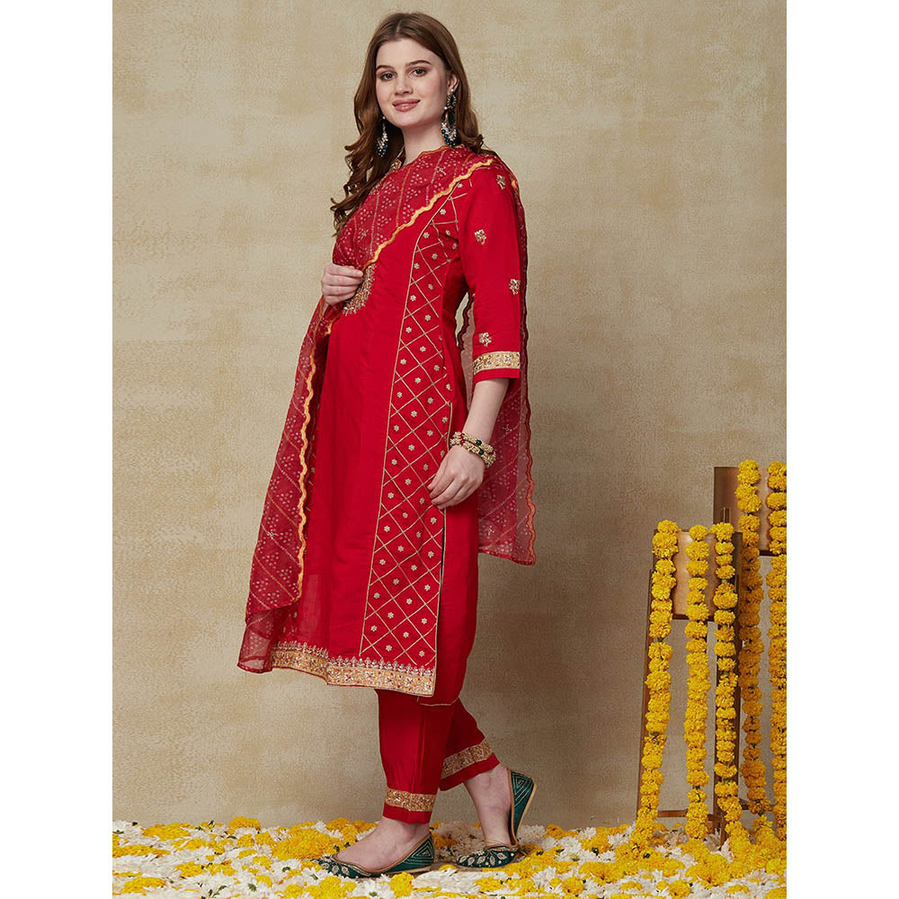 FASHOR Embroidered Kurta with Pants & Dupatta - Red (Set of 3)