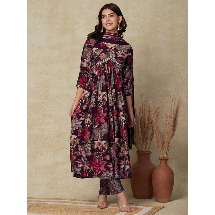 FASHOR Printed Kurta with Pants & Dupatta - Dark Wine (Set of 3)