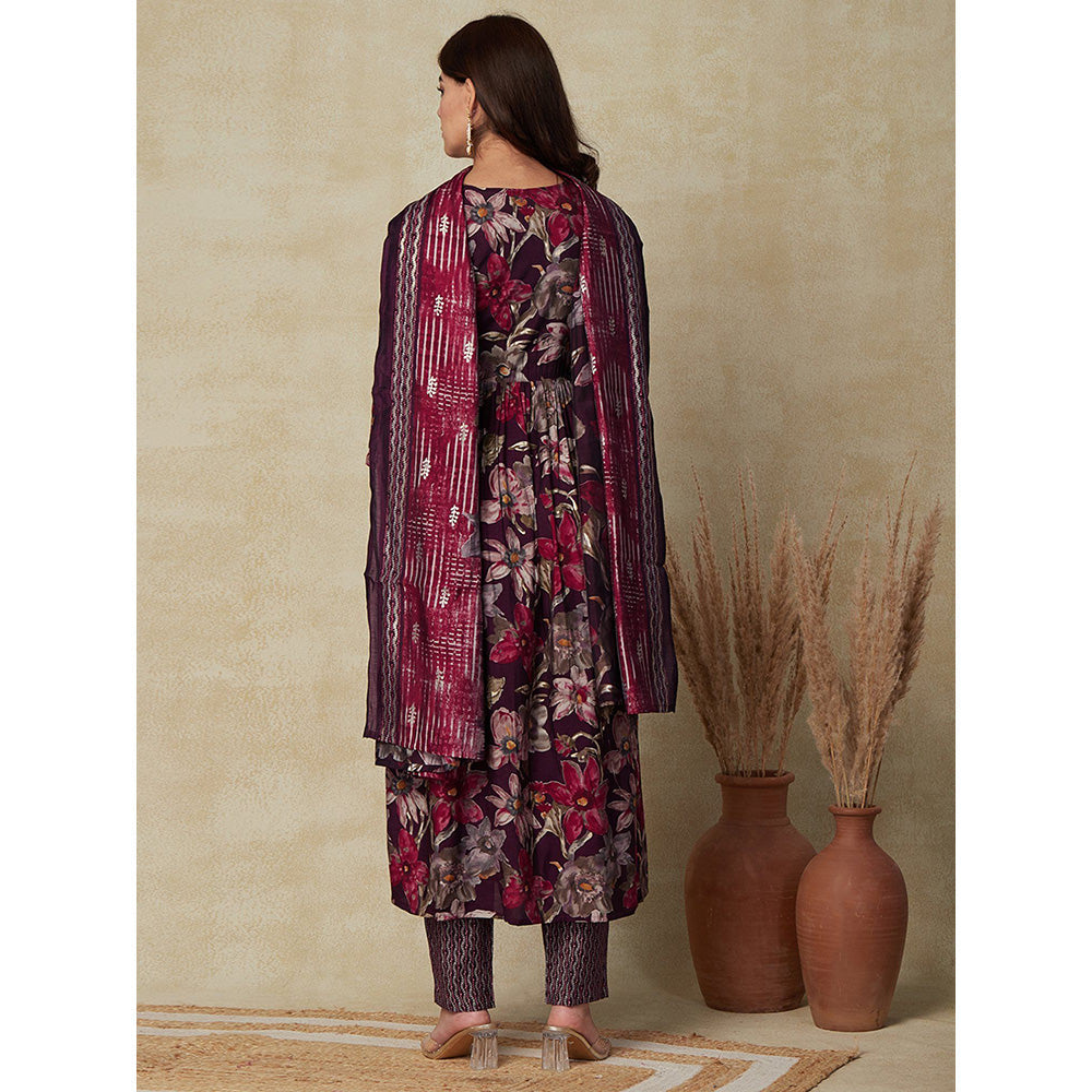 FASHOR Printed Kurta with Pants & Dupatta - Dark Wine (Set of 3)