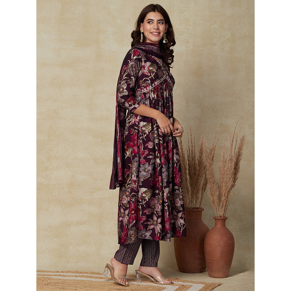 FASHOR Printed Kurta with Pants & Dupatta - Dark Wine (Set of 3)