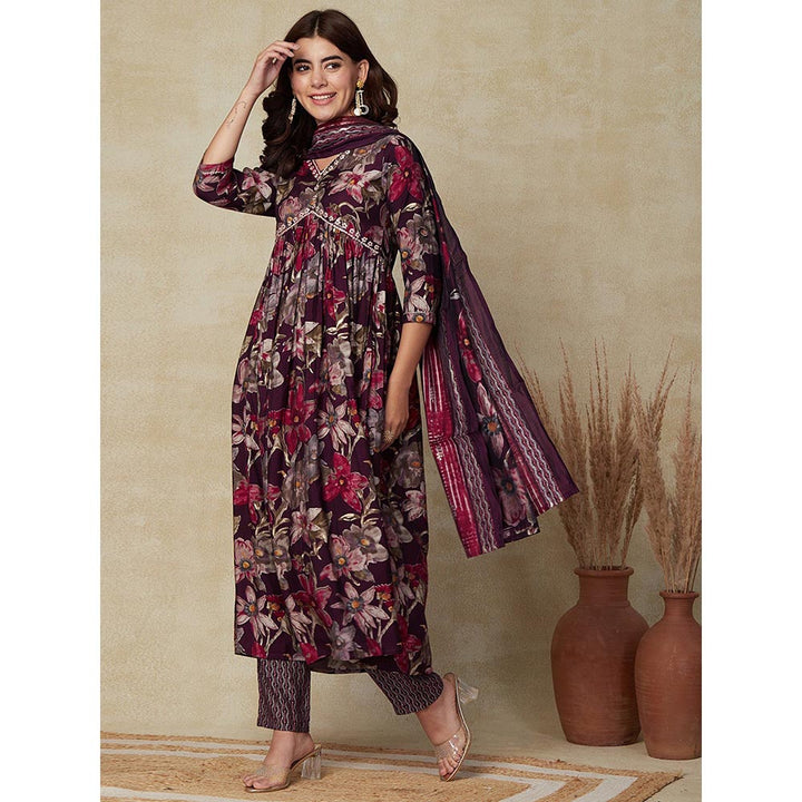 FASHOR Printed Kurta with Pants & Dupatta - Dark Wine (Set of 3)