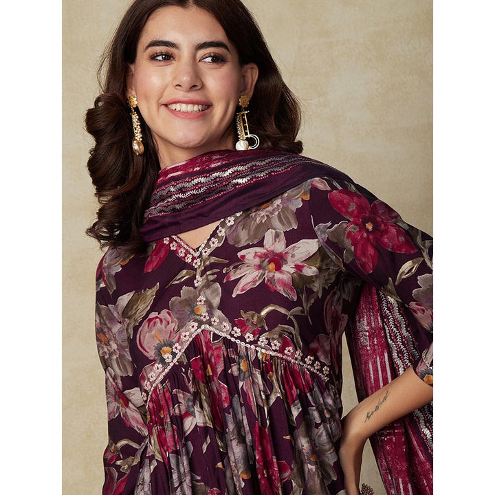 FASHOR Printed Kurta with Pants & Dupatta - Dark Wine (Set of 3)