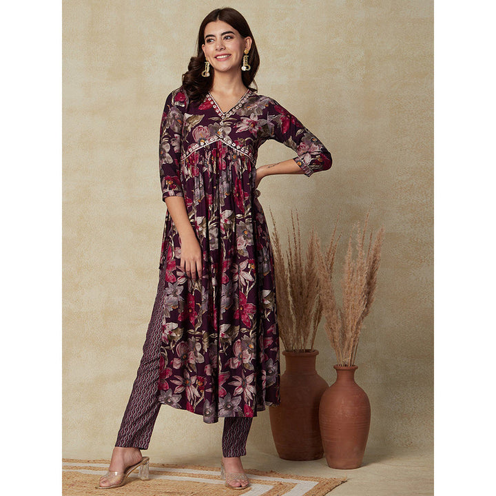 FASHOR Printed Kurta with Pants & Dupatta - Dark Wine (Set of 3)