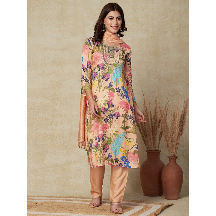 FASHOR Floral Printed Kurta with Pants & Dupatta - Peach (Set of 3)