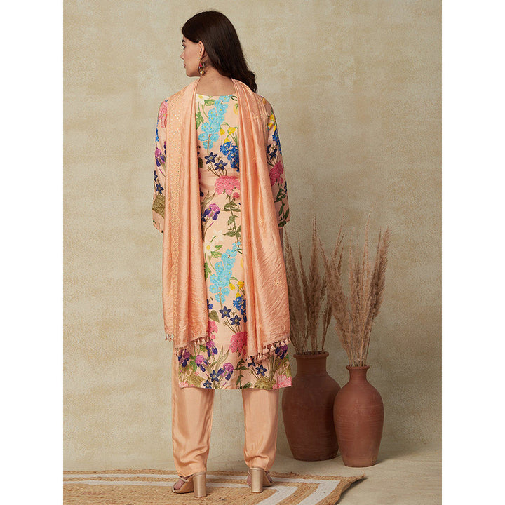 FASHOR Floral Printed Kurta with Pants & Dupatta - Peach (Set of 3)