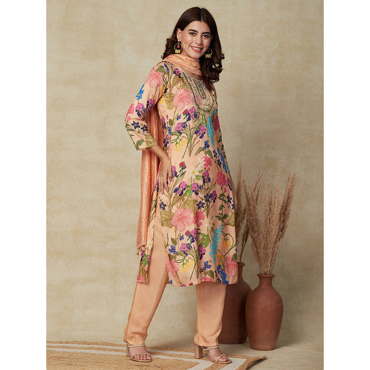 FASHOR Floral Printed Kurta with Pants & Dupatta - Peach (Set of 3)