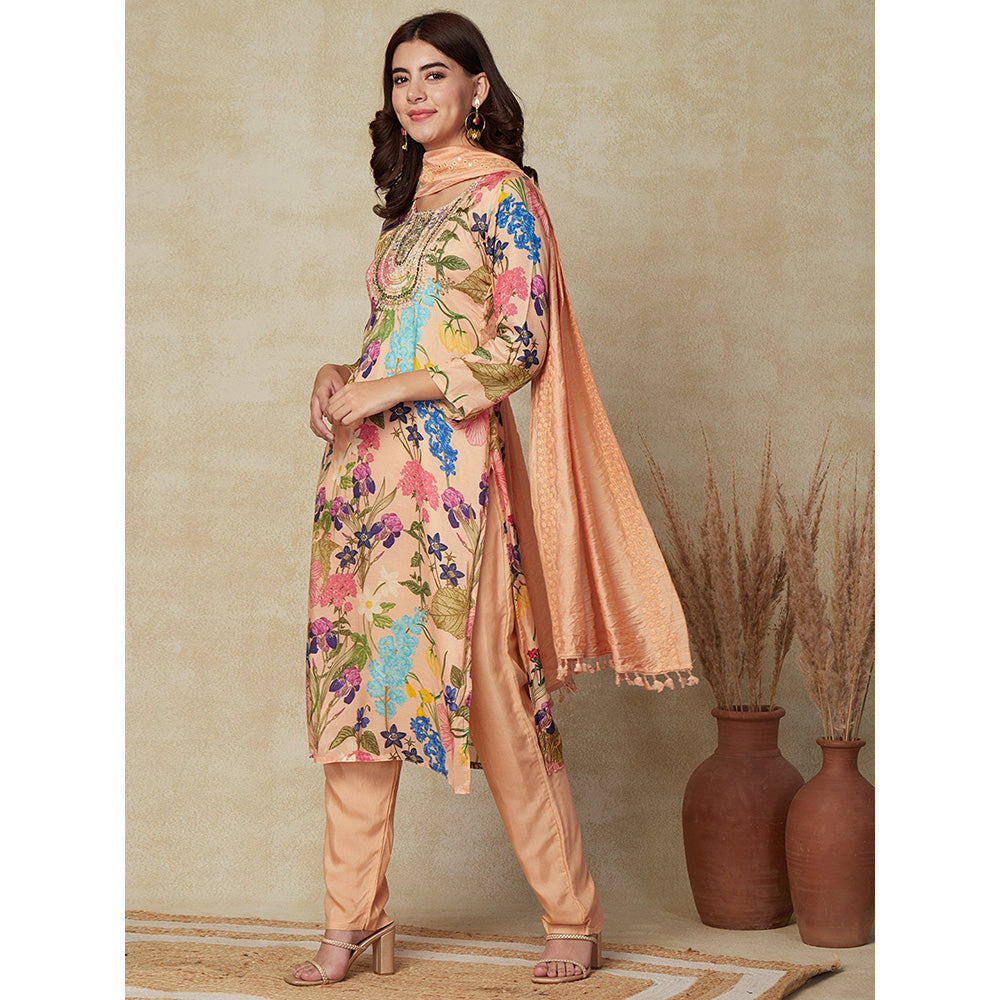 FASHOR Floral Printed Kurta with Pants & Dupatta - Peach (Set of 3)