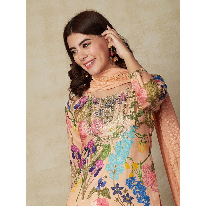 FASHOR Floral Printed Kurta with Pants & Dupatta - Peach (Set of 3)