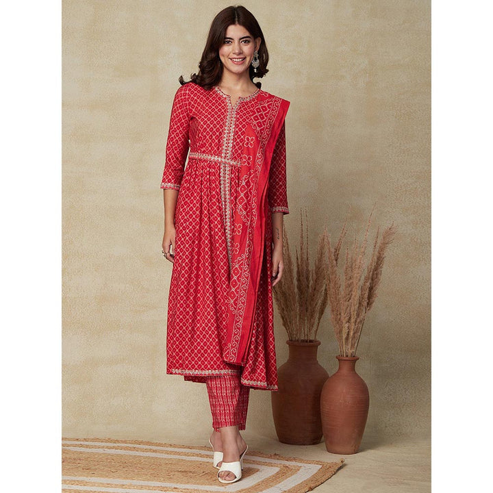 FASHOR Printed Kurta with Pants, Dupatta & Waist Belt - Red (Set of 4)