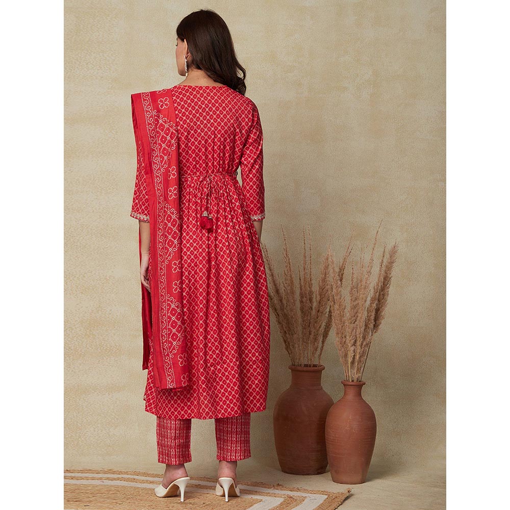 FASHOR Printed Kurta with Pants, Dupatta & Waist Belt - Red (Set of 4)