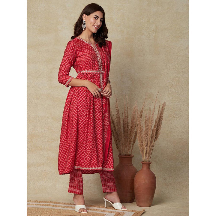 FASHOR Printed Kurta with Pants, Dupatta & Waist Belt - Red (Set of 4)