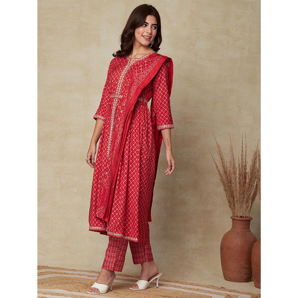 FASHOR Printed Kurta with Pants, Dupatta & Waist Belt - Red (Set of 4)