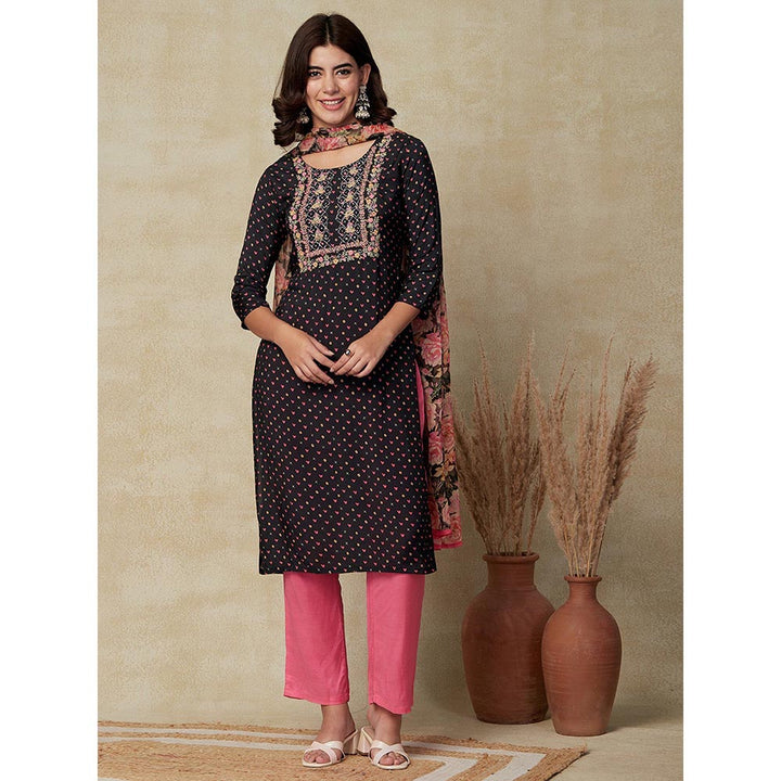 FASHOR Printed Kurta with Pants & Dupatta - Black (Set of 3)