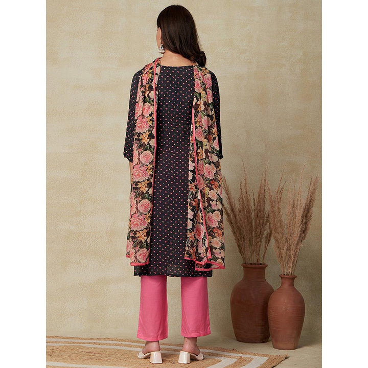 FASHOR Printed Kurta with Pants & Dupatta - Black (Set of 3)