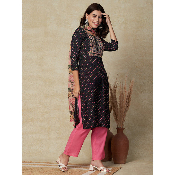 FASHOR Printed Kurta with Pants & Dupatta - Black (Set of 3)