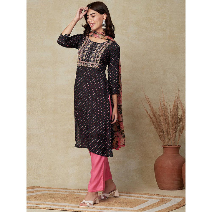 FASHOR Printed Kurta with Pants & Dupatta - Black (Set of 3)