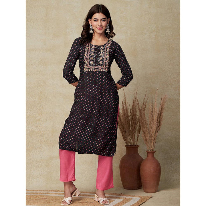 FASHOR Printed Kurta with Pants & Dupatta - Black (Set of 3)