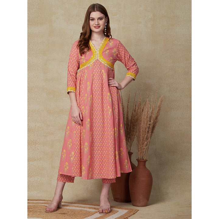 FASHOR Floral Printed Flared Anarkali Kurta with Pant - Peach (Set of 2)